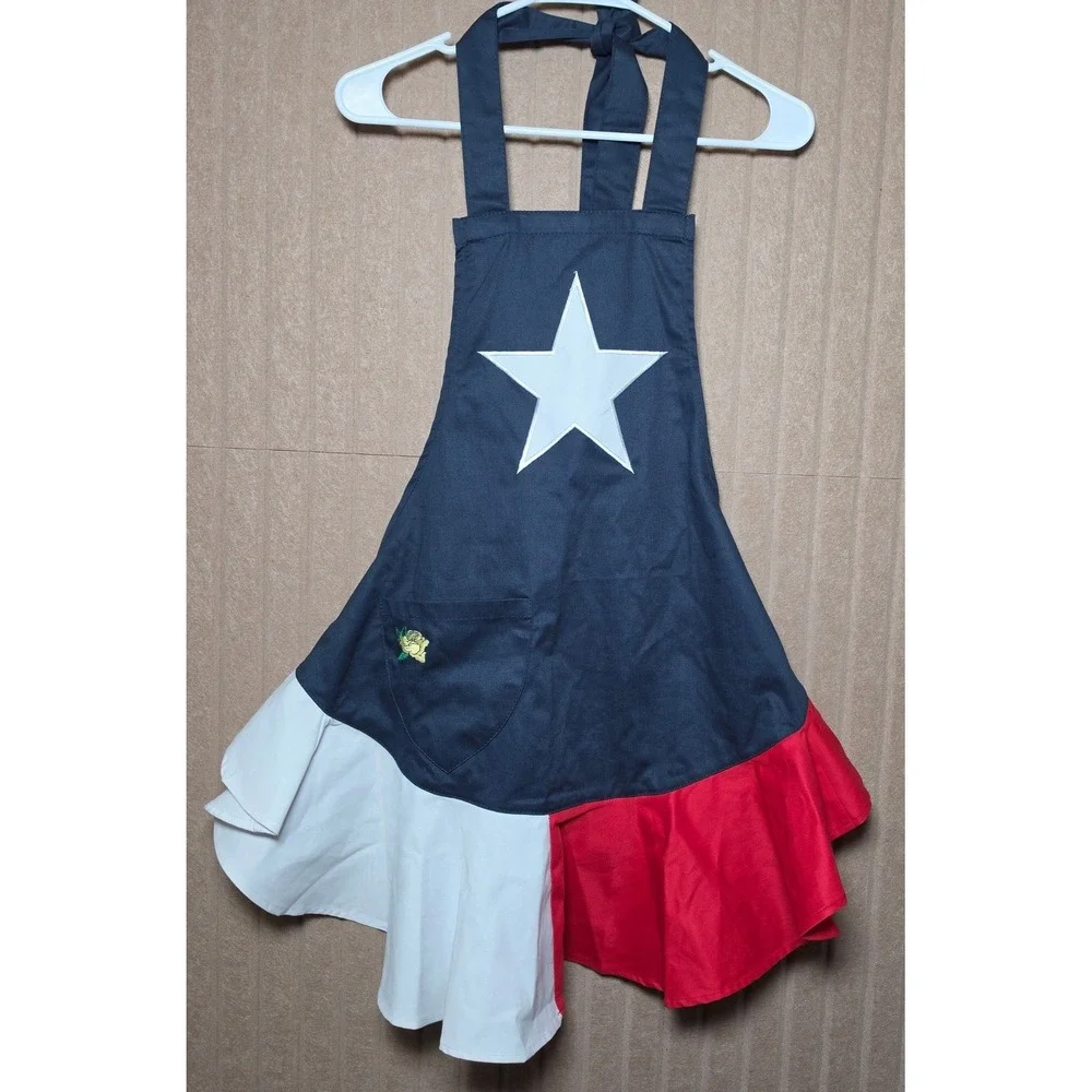Rock Point Texas Flag Apron Yellow Rose Embroidery Ruffle Hem Red White Blue